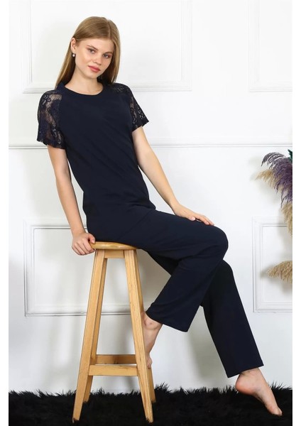Kadın Kolu Dantelli Penye Pijama Takım Lacivert fiyatları