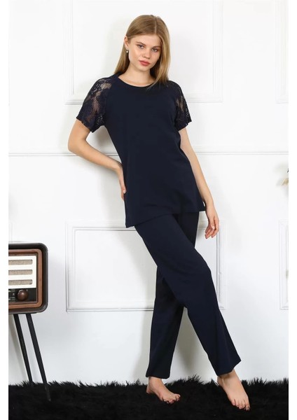 Kadın Kolu Dantelli Penye Pijama Takım Lacivert modelleri