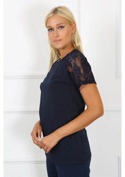 Kadın Kolu Dantelli Penye Pijama Takım Lacivert