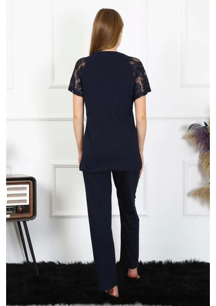 Kadın Kolu Dantelli Penye Pijama Takım Lacivert