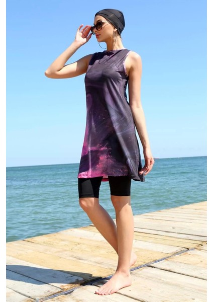 Sıfır Kol Desenli Yarım Tesettür Mayo Mor fiyatları