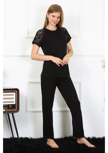 Kadın Kolu Dantelli Penye Pijama Takım Siyah