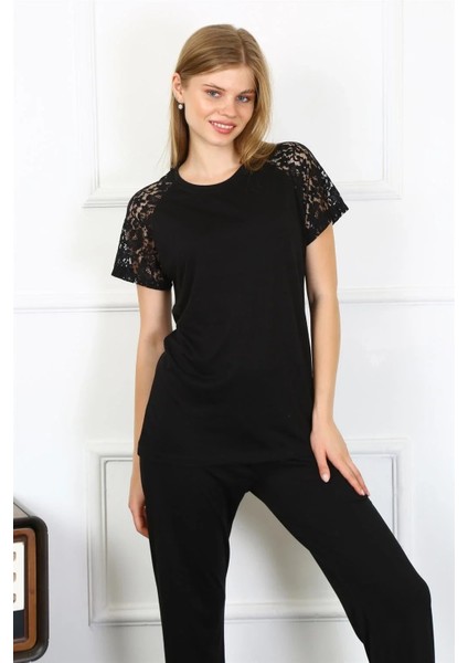 Kadın Kolu Dantelli Penye Pijama Takım Siyah fiyatları