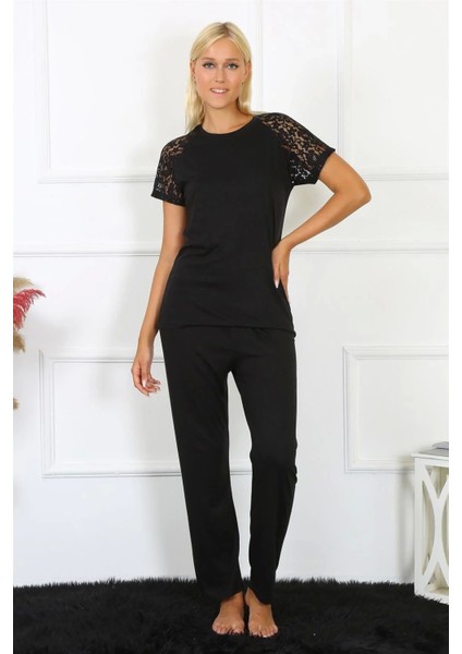 Kadın Kolu Dantelli Penye Pijama Takım Siyah indirimleri