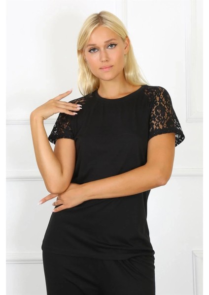 Kadın Kolu Dantelli Penye Pijama Takım Siyah