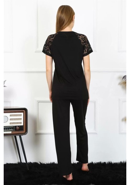 Kadın Kolu Dantelli Penye Pijama Takım Siyah