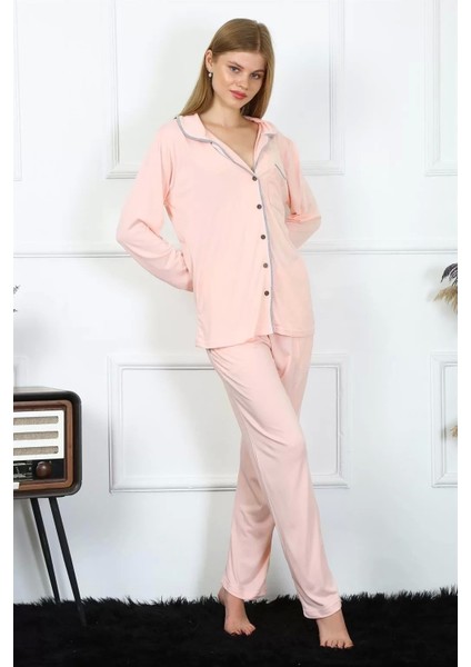 Kadın Penye Uzun Kol Önden Düğmeli Pijama Takım Pembe
