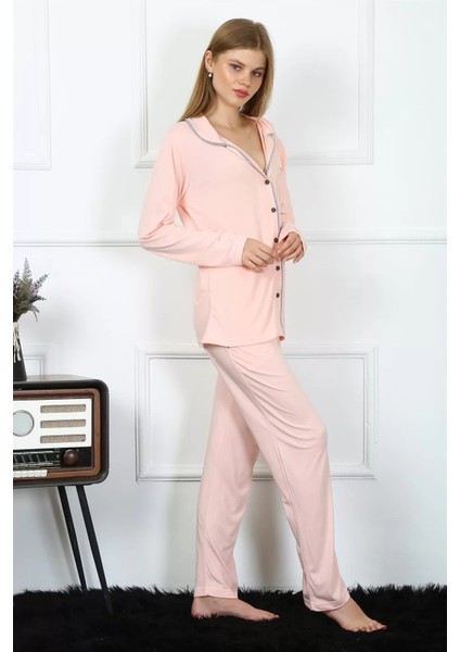 Kadın Penye Uzun Kol Önden Düğmeli Pijama Takım Pembe modelleri