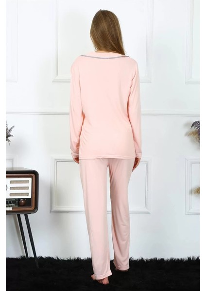 Kadın Penye Uzun Kol Önden Düğmeli Pijama Takım Pembe indirimleri