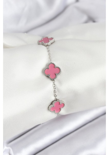 Erb 316L Çelik Gümüş Zincir Pembe Renk Yonca Bileklik