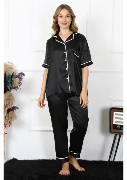 Kadın Büyük Beden Siyah Saten Pijama Takımı