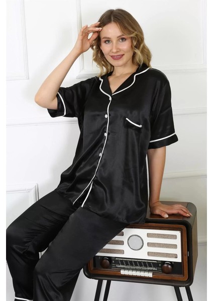Kadın Büyük Beden Siyah Saten Pijama Takımı modelleri