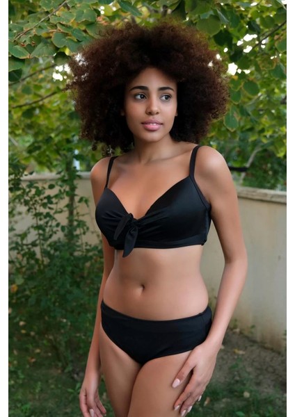 Kadın Içi Boş Fiyonklu Kaplı Siyah Alt Üst Bikini Takım