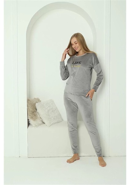 Kadın Kadife Gri Pijama Takım