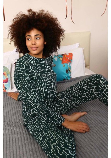 Kadın Uzun Kol 3 Iplik Penye Pijama Takım Yeşil