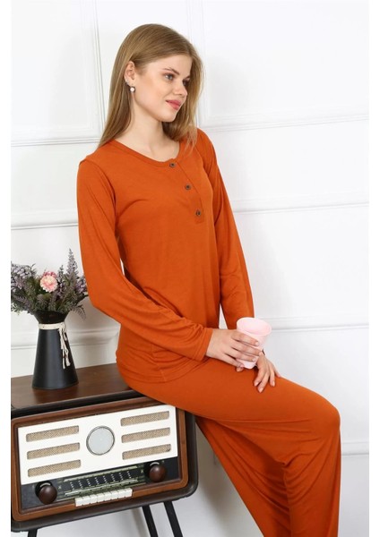 Kadın Penye Uzun Kol Patlı Pijama Takım Kiremit modelleri