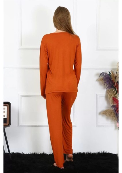 Kadın Penye Uzun Kol Patlı Pijama Takım Kiremit fırsatları