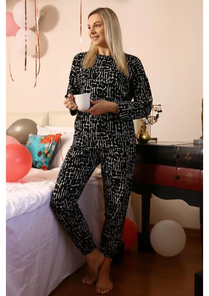 Kadın Uzun Kol 3 Iplik Penye Pijama Takım Siyah