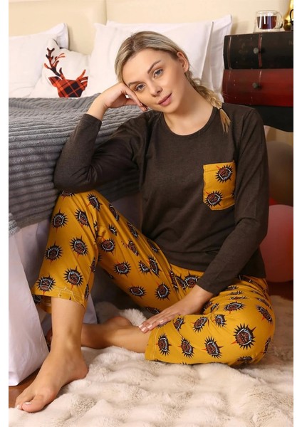 Kadın Uzun Kol Penye Pijama Takım Kahve