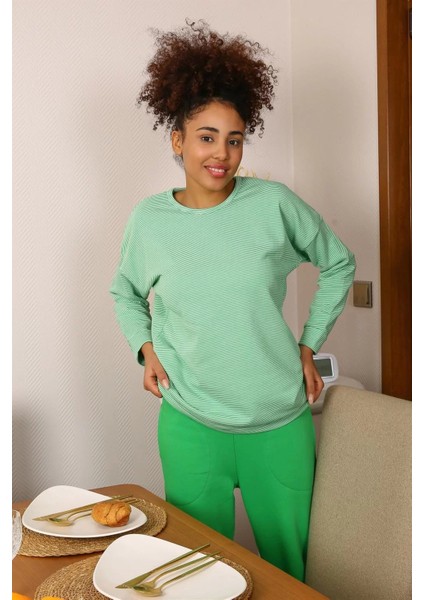 Kadın Uzun Kol 3 Iplik Penye Pijama Takım Yeşil