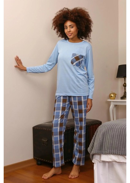 Kadın Uzun Kol Penye Pijama Takım Mavi