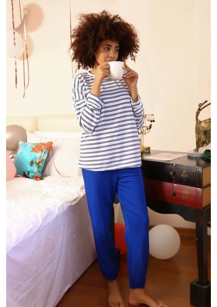 Kadın Uzun Kol 3 Iplik Penye Pijama Takım Beyaz