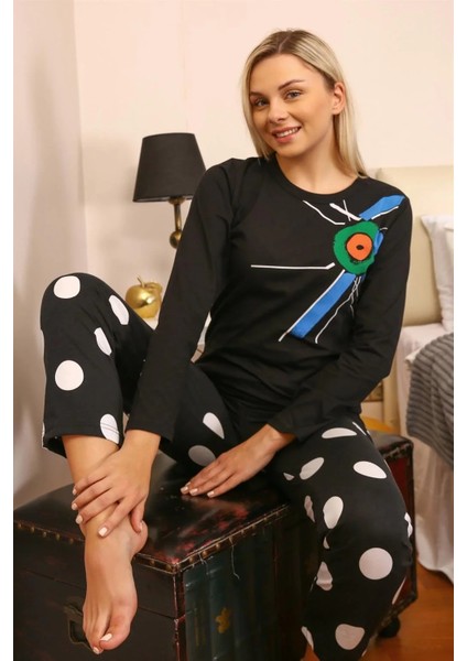 Kadın Uzun Kol Penye Pijama Takım Siyah
