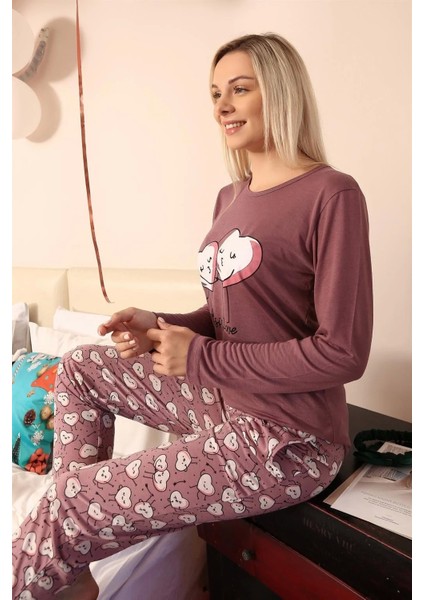 Kadın Penye Uzun Kol Pijama Takım Mürdüm