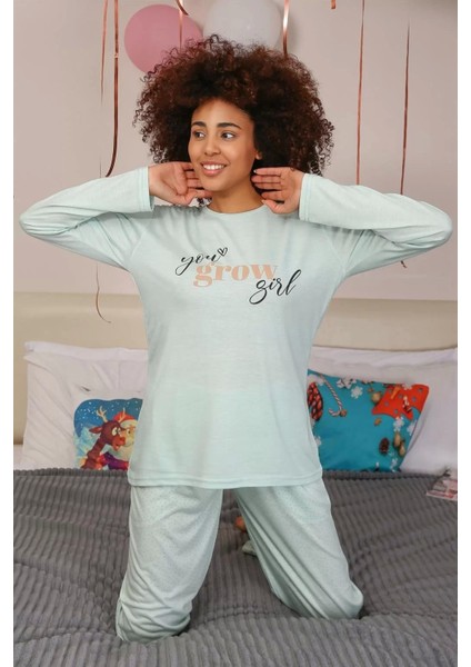 Kadın Penye Uzun Kol Pijama Takım Su Yeşili