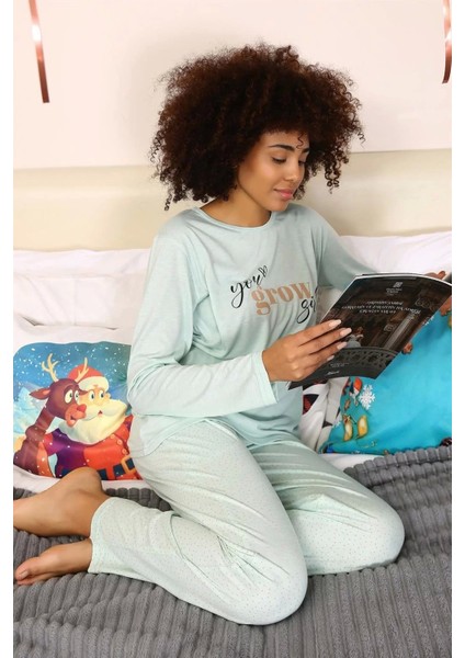 Kadın Penye Uzun Kol Pijama Takım Su Yeşili