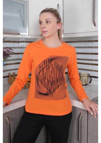 Kadın Uzun Kol Penye Pijama Takım Turuncu