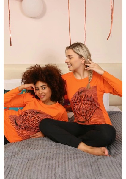 Kadın Uzun Kol Penye Pijama Takım Turuncu
