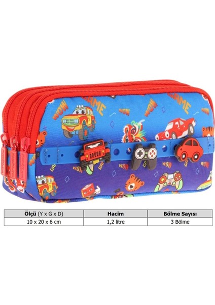 Mavi Kırmızı Arabalar Erkek Çocuk Üç Bölmeli Okul Kalem Çantası L8258 modelleri