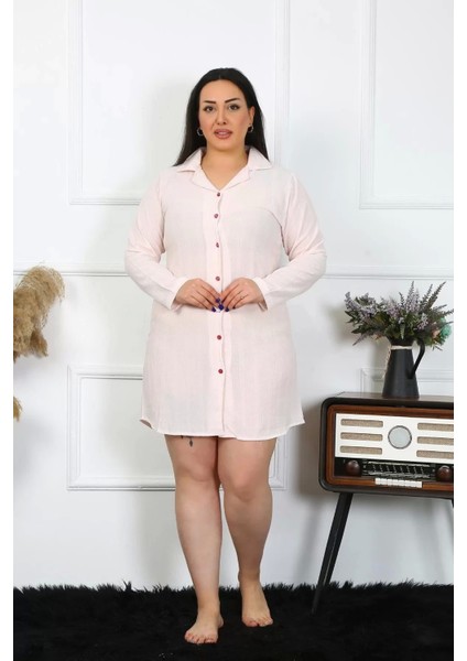 Kadın Büyük Beden Keten Düğmeli Uzun Kol Pembe Tunik Gecelik