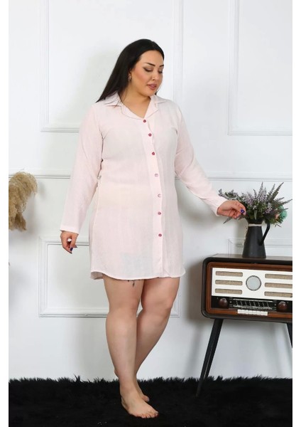 Kadın Büyük Beden Keten Düğmeli Uzun Kol Pembe Tunik Gecelik fiyatları