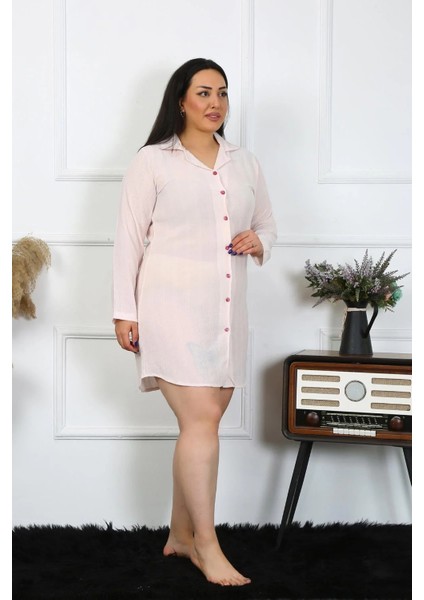 Kadın Büyük Beden Keten Düğmeli Uzun Kol Pembe Tunik Gecelik modelleri