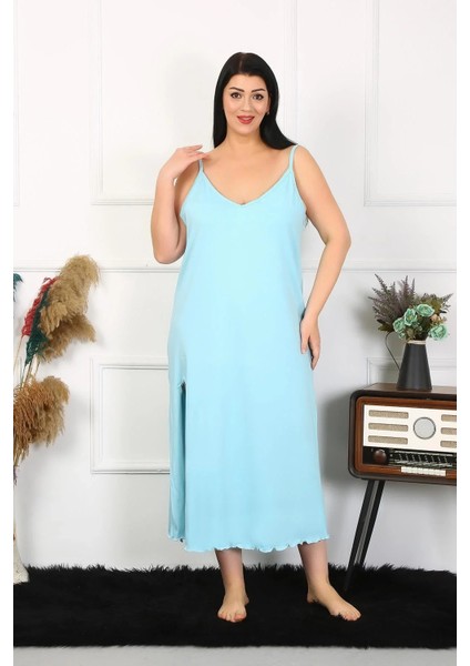 Kadın Büyük Beden Ip Askılı Pamuklu Mavi Uzun Gecelik fırsatları