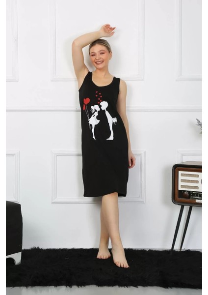 Kadın Kalın Askılı Penye Uzun Siyah Gecelik