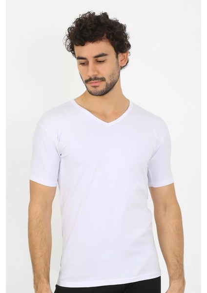 Erkek Likralı V Yaka Beyaz T-Shirt fiyatları