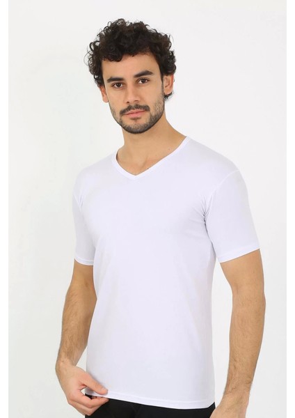 Erkek Likralı V Yaka Beyaz T-Shirt modelleri