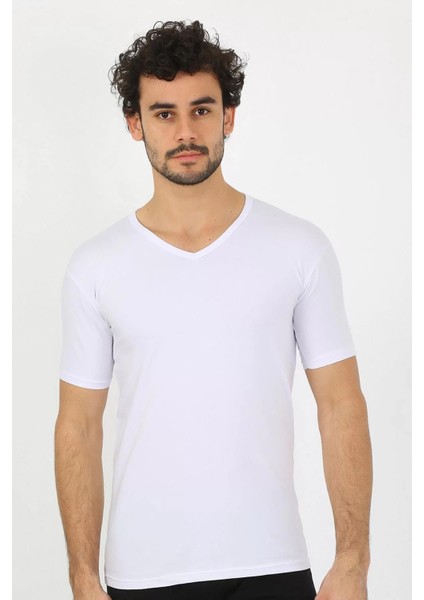 Erkek Likralı V Yaka Beyaz T-Shirt indirimleri