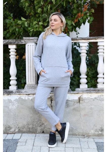 Kadın Pamuk Kapşonlu Cepli 3 Iplik Gri Eşofman Takım