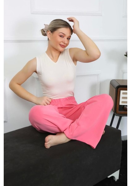 Kadın Bol Paça Penye Pembe Alt Üst Takım modelleri