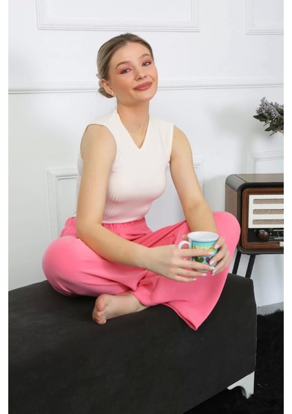 Kadın Bol Paça Penye Pembe Alt Üst Takım indirimleri