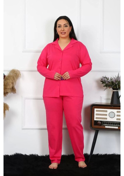 Kadın Büyük Beden Pamuklu Cepli Düğmeli Fuşya Pijama Takım fiyatları