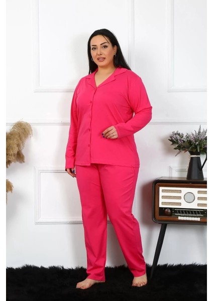 Kadın Büyük Beden Pamuklu Cepli Düğmeli Fuşya Pijama Takım modelleri