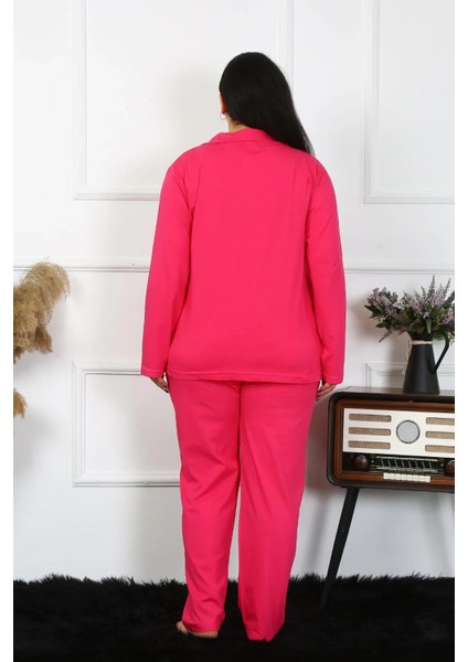 Kadın Büyük Beden Pamuklu Cepli Düğmeli Fuşya Pijama Takım fırsatları
