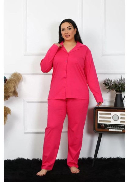 Kadın Büyük Beden Pamuklu Cepli Düğmeli Fuşya Pijama Takım indirimleri