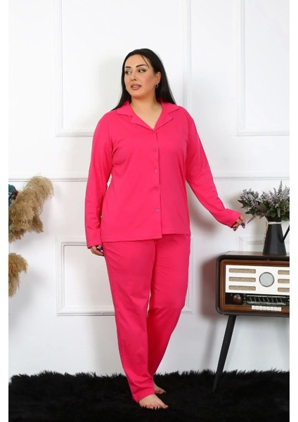 Kadın Büyük Beden Pamuklu Cepli Düğmeli Fuşya Pijama Takım