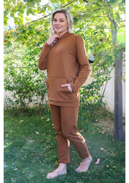 Kadın Pamuk Kapşonlu Cepli 3 Iplik Kahve Eşofman Takım